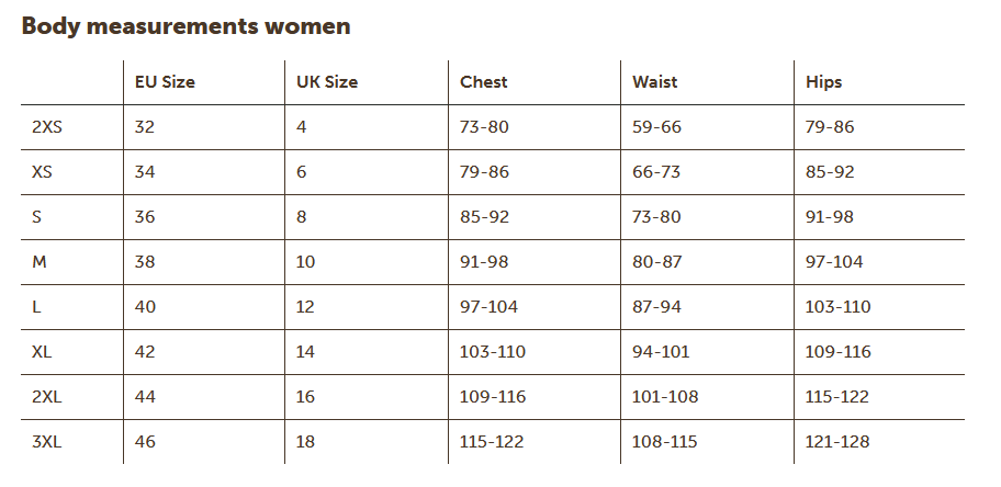 BALENO WOMENS TOPS 24  Größentabelle